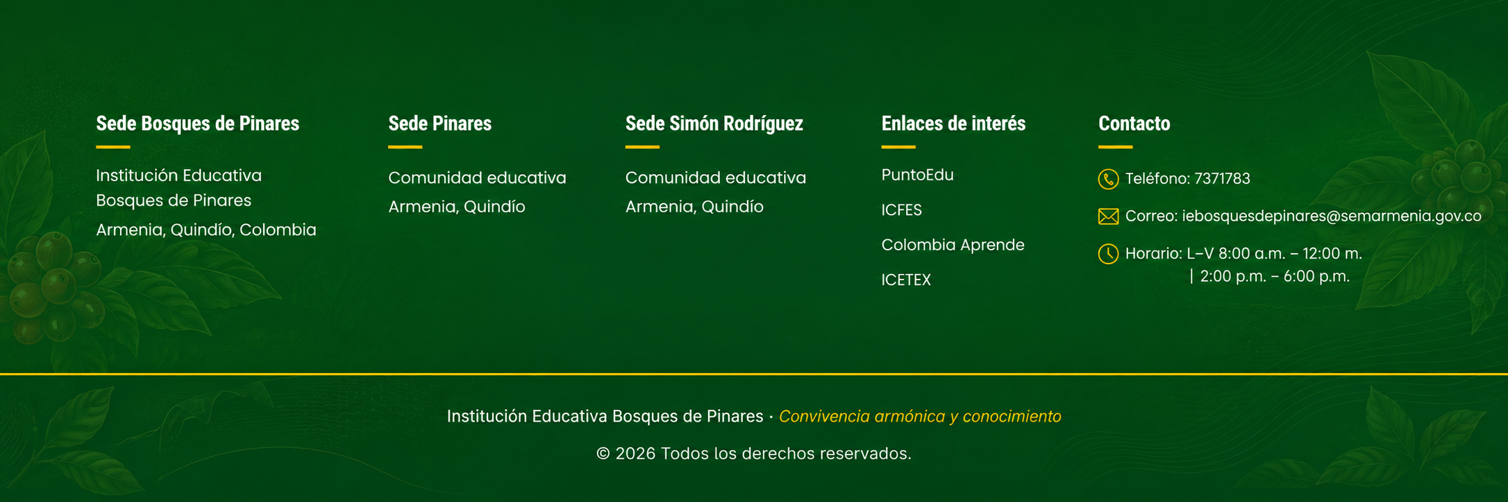 Pie de página institucional de la Institución Educativa Bosques de Pinares